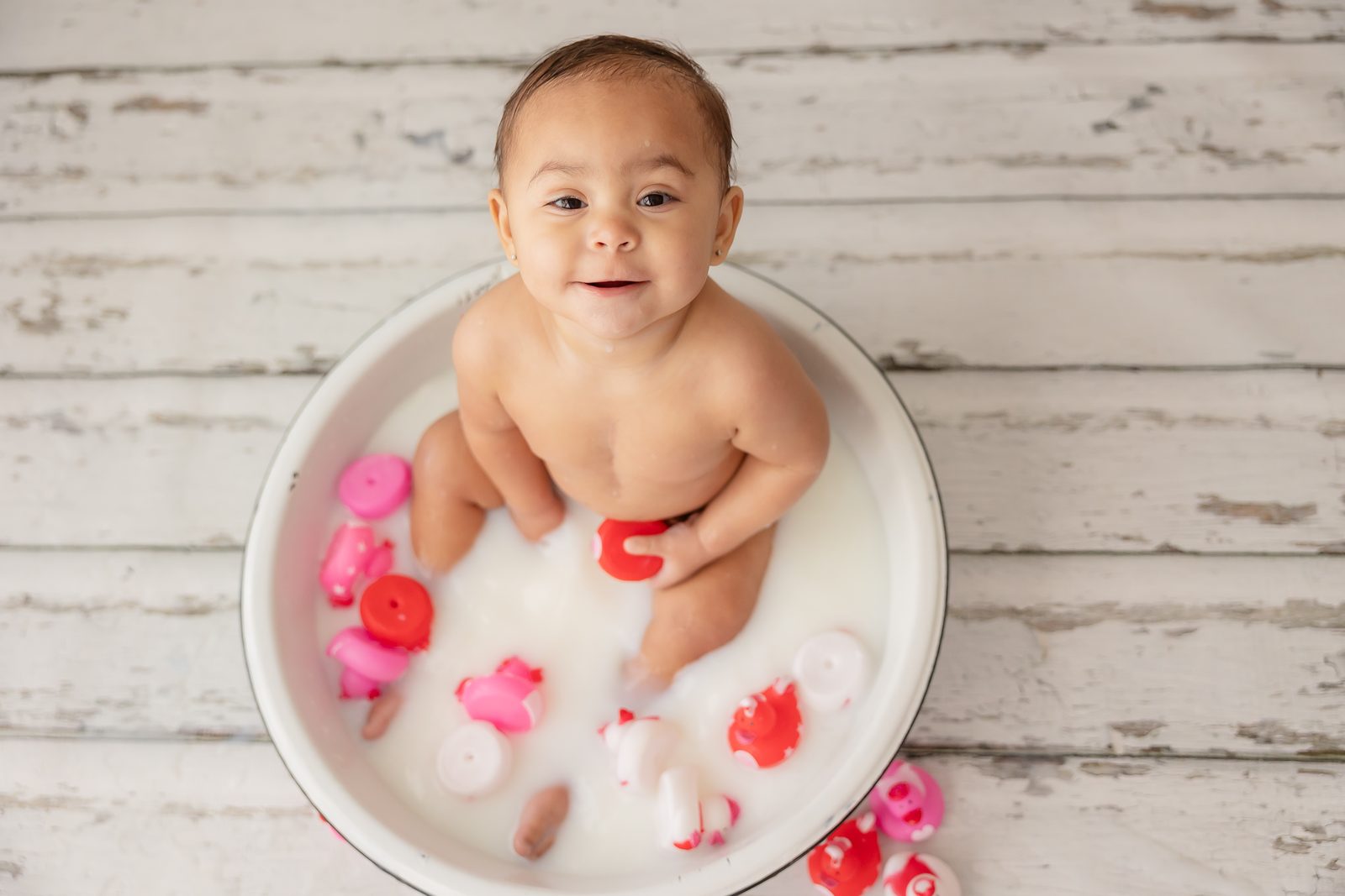 First birthday pink milk bath overhead